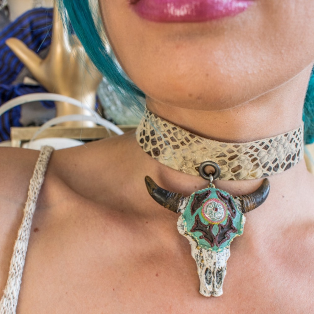 White Cow Skull Cream Mermaid leather Choker